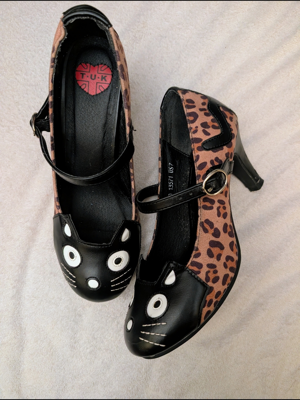 T.U.K Women's Leopard Kitty Cat Mary Jane Heels US Size 7- Black & Brown